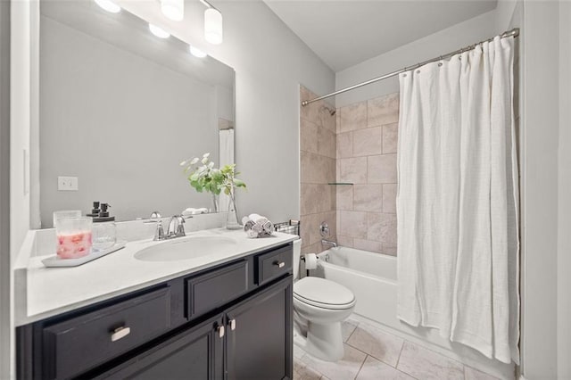 full bathroom with toilet, vanity, shower / tub combo with curtain, and tile patterned flooring