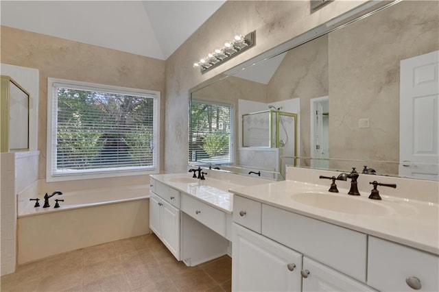 bathroom featuring lofted ceiling, plus walk in shower, tile patterned flooring, and vanity