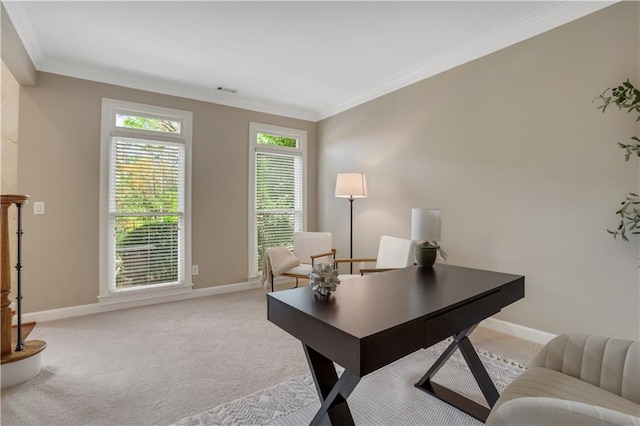 home office with light colored carpet and ornamental molding