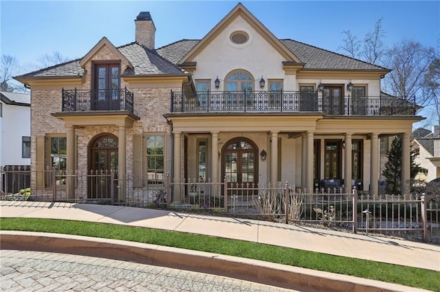 french provincial home featuring a fenced front yard, a chimney, french doors, and a balcony