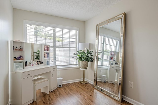 office with healthy amount of natural light, light wood finished floors, a textured ceiling, and baseboards