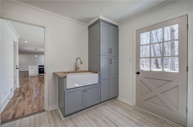 interior space with baseboards, ornamental molding, light wood-style flooring, and a sink