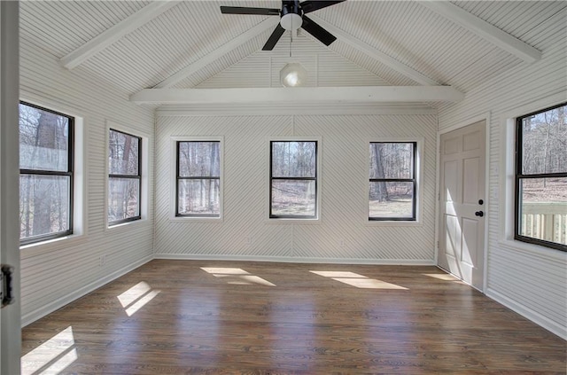 unfurnished sunroom featuring vaulted ceiling with beams and a ceiling fan