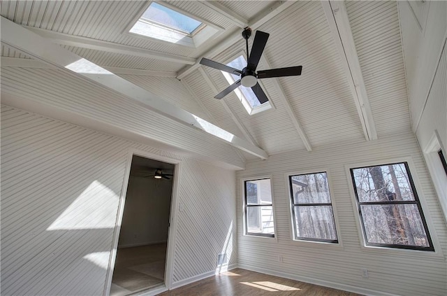 empty room featuring a skylight, baseboards, dark wood finished floors, high vaulted ceiling, and beam ceiling