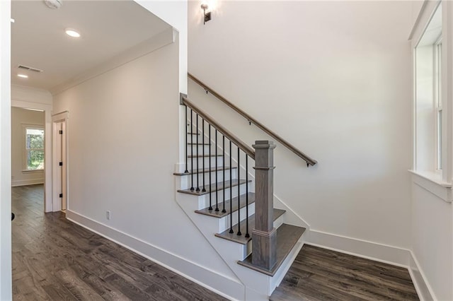 4075 O Henry Ct, Mcdonough, GA 30252 - stairway with wood finished floors, baseboards, recessed lighting, and ornamental molding