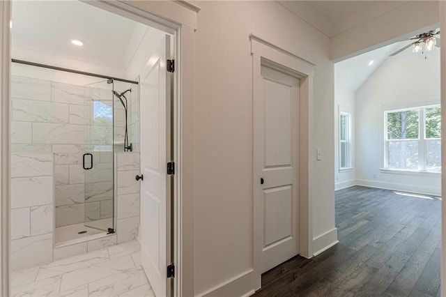 4075 O Henry Ct, Mcdonough, GA 30252 - bathroom featuring a marble finish shower, a ceiling fan, recessed lighting, baseboards, and marble finish floors