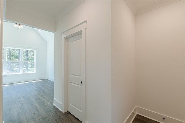 4075 O Henry Ct, Mcdonough, GA 30252 - hallway featuring dark wood-style floors, ornamental molding, and baseboards