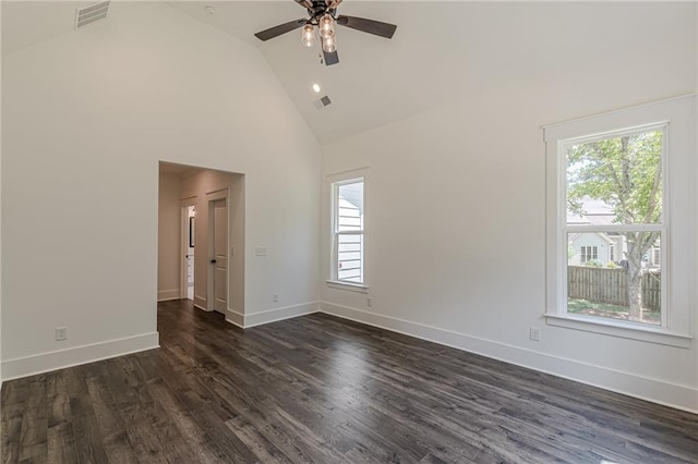 4075 O Henry Ct, Mcdonough, GA 30252 - unfurnished room with high vaulted ceiling, ceiling fan, dark wood finished floors, and baseboards