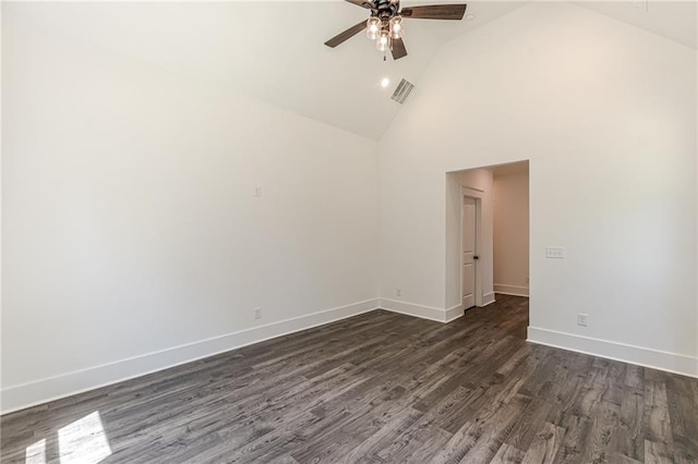 4075 O Henry Ct, Mcdonough, GA 30252 - spare room featuring ceiling fan, high vaulted ceiling, dark wood-type flooring, and baseboards