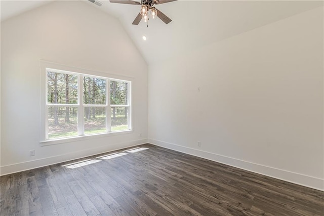 4075 O Henry Ct, Mcdonough, GA 30252 - empty room featuring ceiling fan, dark wood-style flooring, vaulted ceiling, baseboards, and recessed lighting