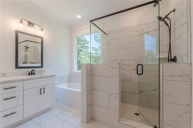 4075 O Henry Ct, Mcdonough, GA 30252 - full bathroom with marble look tiles, a shower stall, a garden tub, vanity, and recessed lighting