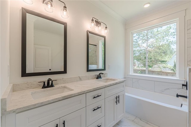 4075 O Henry Ct, Mcdonough, GA 30252 - full bath with marble look tile flooring, double vanity, a bath, and crown molding