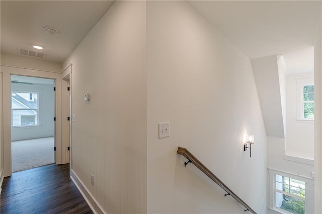 4075 O Henry Ct, Mcdonough, GA 30252 - corridor with an upstairs landing, dark wood-style flooring, and baseboards