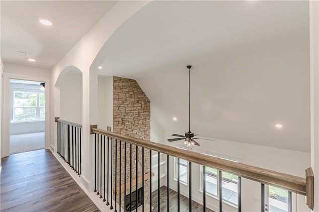 4075 O Henry Ct, Mcdonough, GA 30252 - hallway featuring recessed lighting, wood finished floors, lofted ceiling, and arched walkways