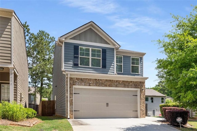 3406 Pennington Dr, Lithonia, GA 30038 - view of front of property featuring board and batten siding, an attached garage, driveway, brick siding, and fence