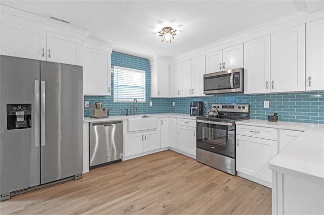 kitchen with appliances with stainless steel finishes, white cabinetry, sink, decorative backsplash, and light hardwood / wood-style floors