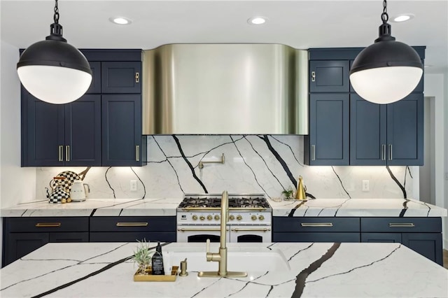kitchen featuring double oven range, range hood, backsplash, light stone counters, and recessed lighting