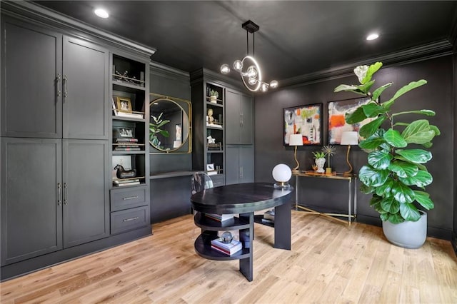 office featuring crown molding and light wood finished floors