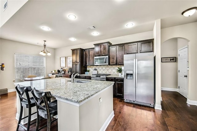 kitchen with a center island with sink, stainless steel appliances, hanging light fixtures, decorative backsplash, and sink