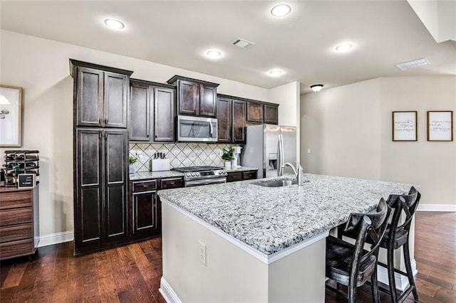 kitchen featuring stainless steel appliances, sink, backsplash, dark hardwood / wood-style floors, and a kitchen island with sink