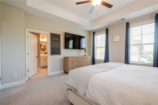 5005 Shay Town Ln, Peachtree Corners, GA 30092 - bedroom with visible vents, baseboards, a raised ceiling, light carpet, and ensuite bath
