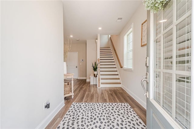 5005 Shay Town Ln, Peachtree Corners, GA 30092 - foyer with visible vents, stairs, wood finished floors, baseboards, and recessed lighting