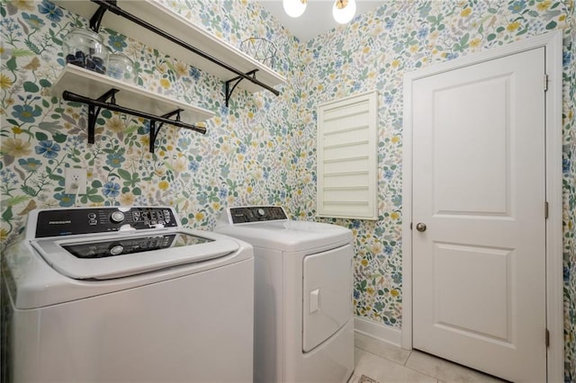 5005 Shay Town Ln, Peachtree Corners, GA 30092 - laundry area featuring laundry area, baseboards, wallpapered walls, light tile patterned flooring, and washer and clothes dryer
