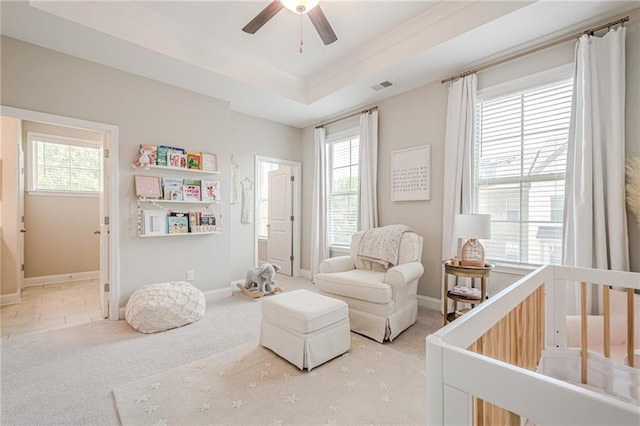 5005 Shay Town Ln, Peachtree Corners, GA 30092 - bedroom with visible vents, baseboards, ceiling fan, a crib, and carpet