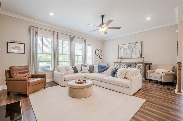 5005 Shay Town Ln, Peachtree Corners, GA 30092 - living area with crown molding, baseboards, a ceiling fan, and wood finished floors