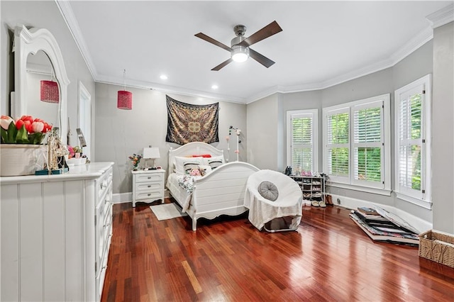 2012 Arbor Springs Way, Buford, GA 30519 - bedroom with dark wood-style flooring, ornamental molding, recessed lighting, and ceiling fan