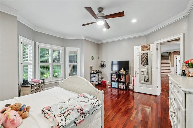 2012 Arbor Springs Way, Buford, GA 30519 - bedroom featuring dark wood finished floors, ornamental molding, recessed lighting, and ceiling fan