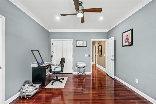 2012 Arbor Springs Way, Buford, GA 30519 - office featuring a ceiling fan, wood finished floors, recessed lighting, and ornamental molding