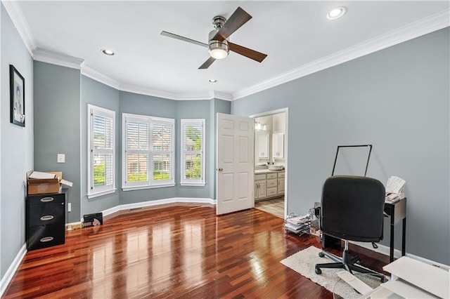 2012 Arbor Springs Way, Buford, GA 30519 - home office featuring a ceiling fan, wood finished floors, crown molding, and recessed lighting