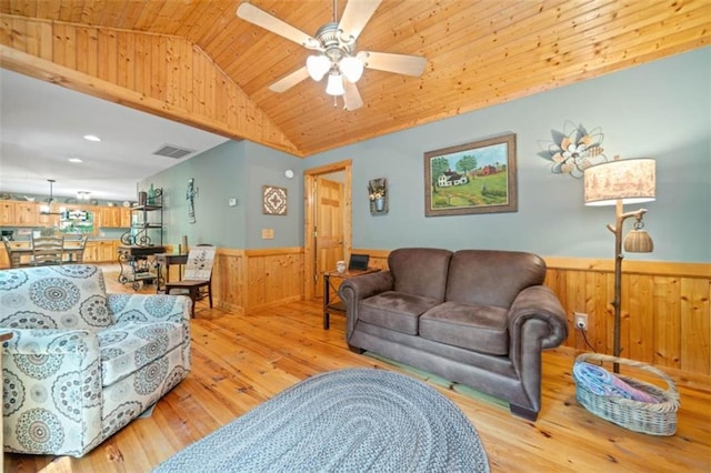 100 Julep Cir, Ellijay, GA 30540 - living room featuring a wainscoted wall, light wood-type flooring, lofted ceiling, wooden walls, and wooden ceiling