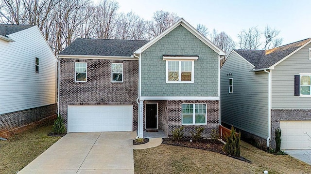 view of front of property with brick siding, driveway, and an attached garage