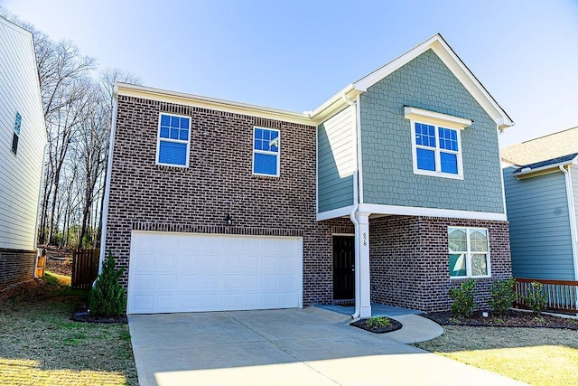 view of front of property with a garage, concrete driveway, and brick siding