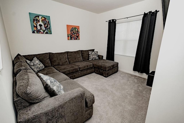 living room with carpet and baseboards