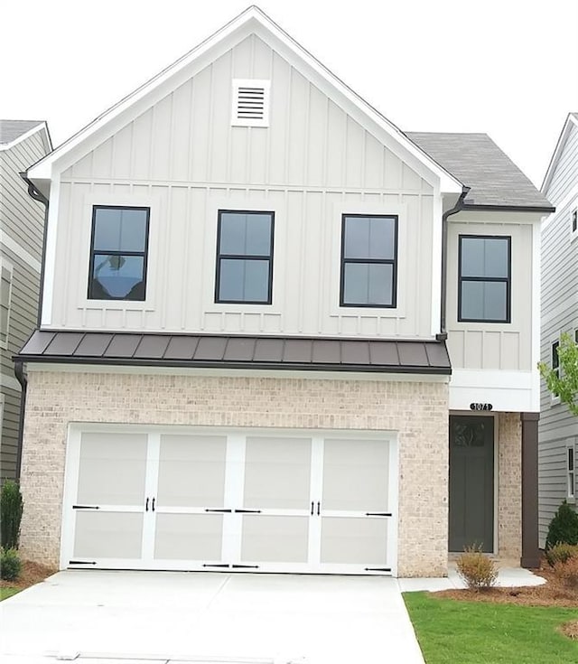 1071 Crest Mill Dr, Marietta, GA 30008 - modern inspired farmhouse with brick siding, board and batten siding, a garage, and concrete driveway