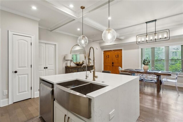 2721 Old Concord Rd SE, Smyrna, GA 30082 - kitchen featuring a sink, light wood-type flooring, stainless steel dishwasher, open floor plan, and beam ceiling
