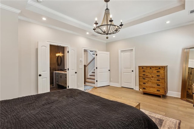 2721 Old Concord Rd SE, Smyrna, GA 30082 - bedroom featuring crown molding, light wood finished floors, recessed lighting, a chandelier, and a tray ceiling