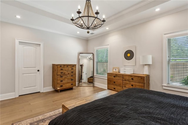 2721 Old Concord Rd SE, Smyrna, GA 30082 - bedroom featuring a chandelier, light wood-style floors, crown molding, baseboards, and recessed lighting