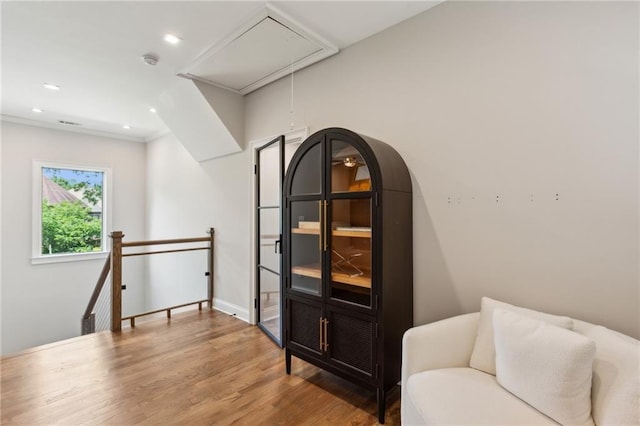 2721 Old Concord Rd SE, Smyrna, GA 30082 - living area featuring attic access, wood finished floors, an upstairs landing, recessed lighting, and baseboards