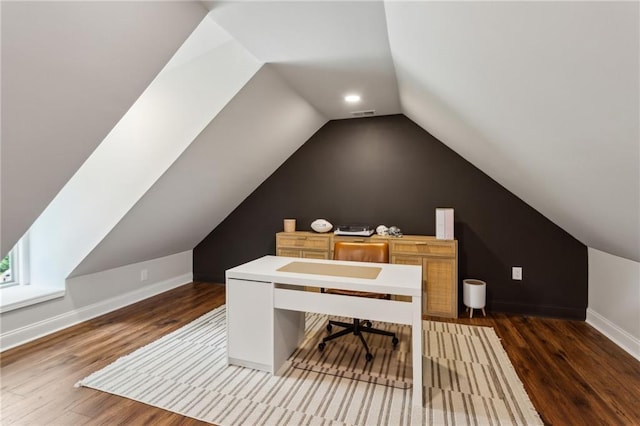 2721 Old Concord Rd SE, Smyrna, GA 30082 - office area featuring lofted ceiling, wood finished floors, and baseboards