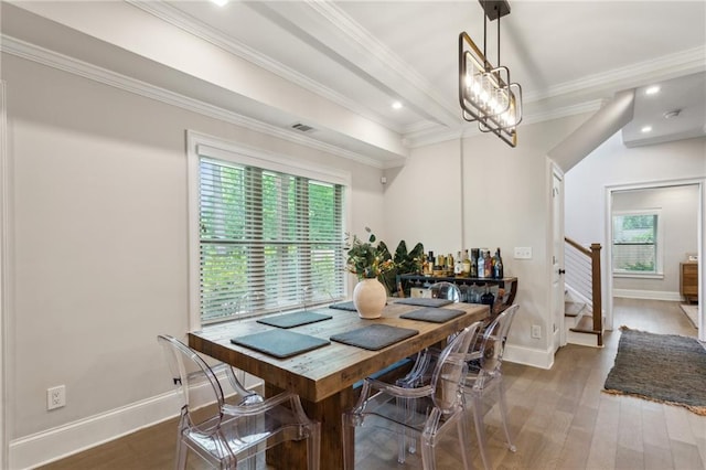 2721 Old Concord Rd SE, Smyrna, GA 30082 - dining area featuring stairs, wood finished floors, baseboards, crown molding, and recessed lighting