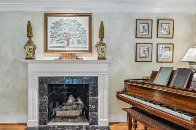 room details featuring crown molding, a high end fireplace, and baseboards