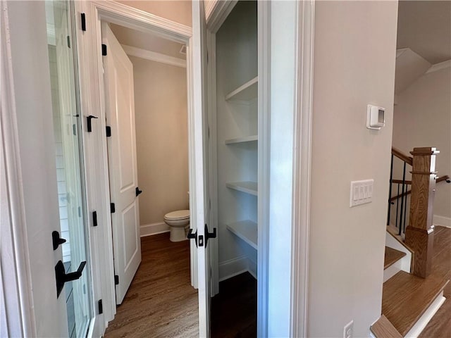 bathroom with hardwood / wood-style flooring and toilet