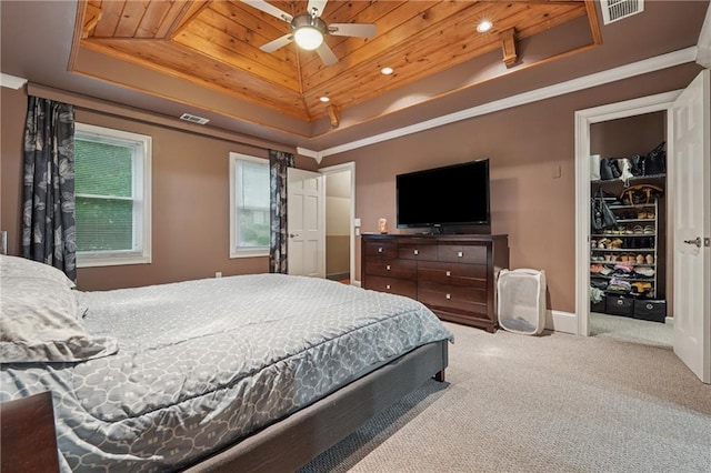 2030 Spring End Ct, Lawrenceville, GA 30044 - bedroom with a raised ceiling, carpet, wooden ceiling, a spacious closet, and baseboards