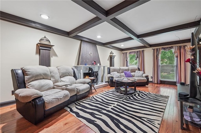 2030 Spring End Ct, Lawrenceville, GA 30044 - living area featuring wood-type flooring, beam ceiling, coffered ceiling, a fireplace, and baseboards