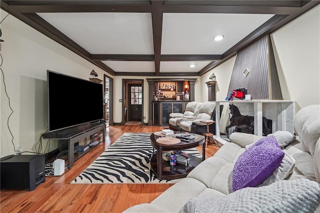 2030 Spring End Ct, Lawrenceville, GA 30044 - living room with a bar, coffered ceiling, wood finished floors, beamed ceiling, and recessed lighting