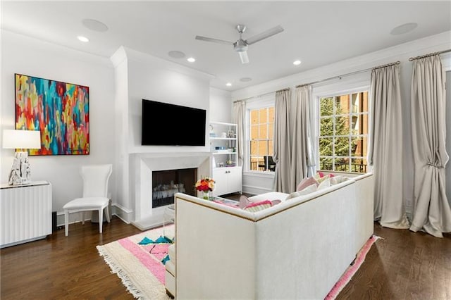living room featuring dark wood-style flooring, a fireplace with raised hearth, a ceiling fan, radiator heating unit, and ornamental molding